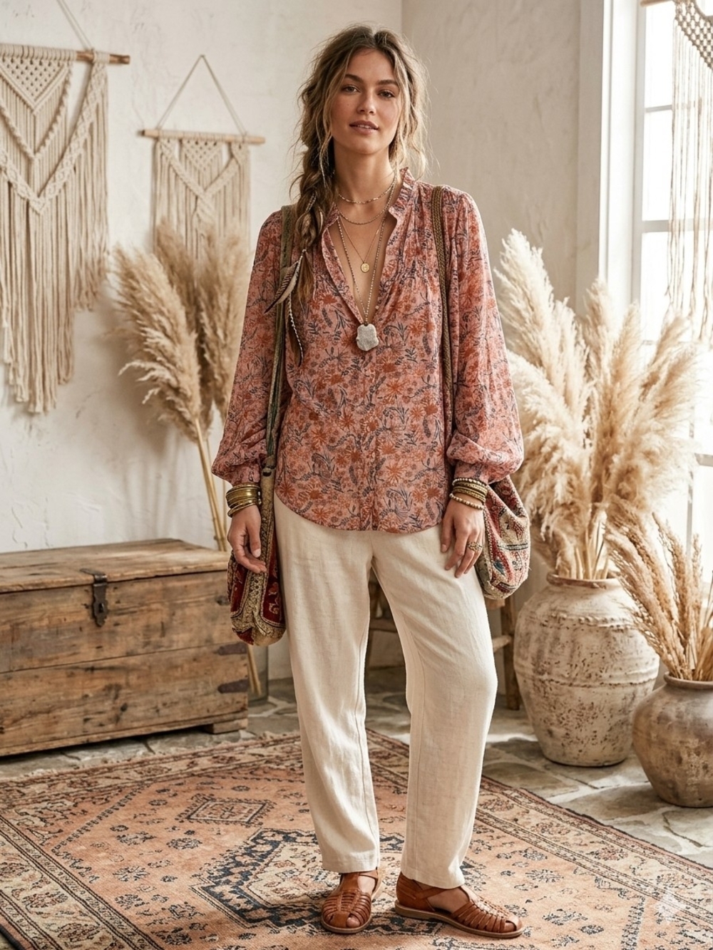 Boho Floral Button-Down Shirt - Dusty Rose